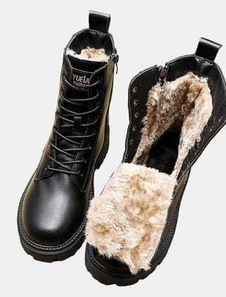 Women's Faux Leather Black Ankle Boots | Cozy Fur-Lined Lace-Up Winter Footwear 0