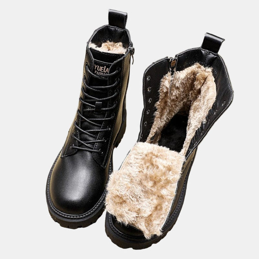 Women's Faux Leather Black Ankle Boots | Cozy Fur-Lined Lace-Up Winter Footwear 0