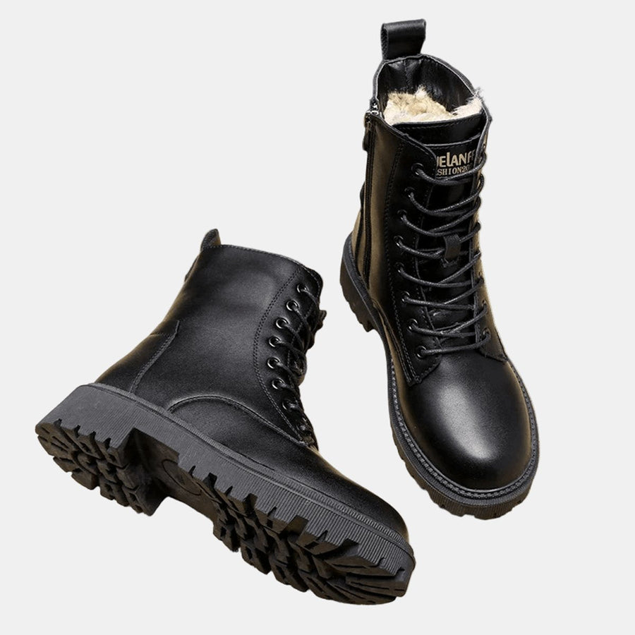 Women's Faux Leather Black Ankle Boots | Cozy Fur-Lined Lace-Up Winter Footwear 1
