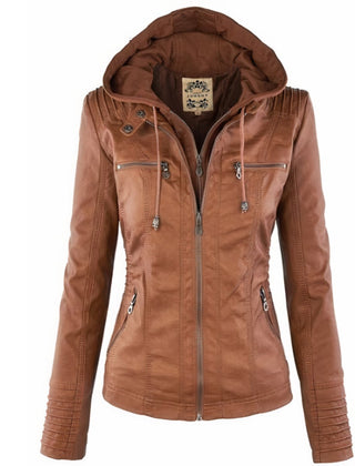 Women's Faux Leather Hooded Moto Jacket | Stylish Slim-Fit Winter Outerwear 0