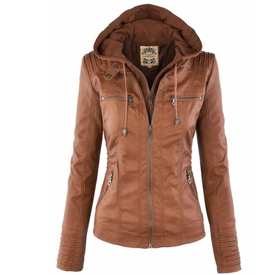 Women's Faux Leather Hooded Moto Jacket | Stylish Slim-Fit Winter Outerwear 0