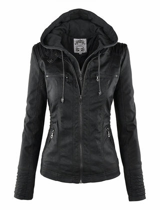 Women's Faux Leather Hooded Moto Jacket | Stylish Slim-Fit Winter Outerwear 1