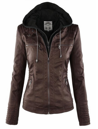 Women's Faux Leather Hooded Moto Jacket | Stylish Slim-Fit Winter Outerwear 2