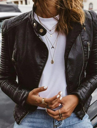Women's Faux Leather Moto Jacket | Edgy Cropped Zip-Up Outerwear 0