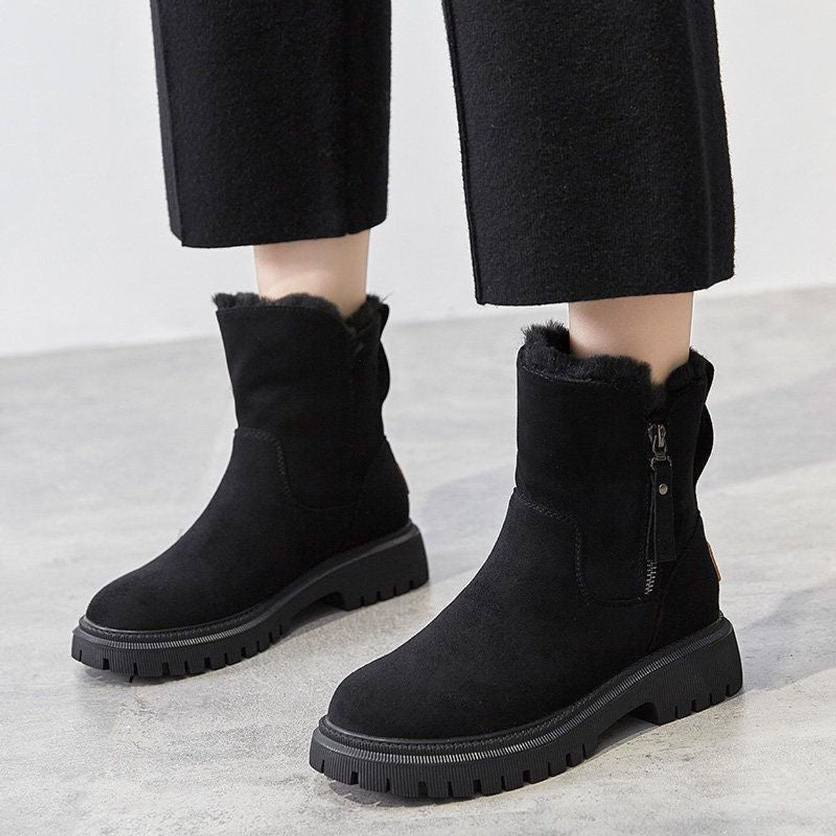 Women's Faux Suede Fleece-Lined Ankle Boots | Cozy Black Booties for Winter 1