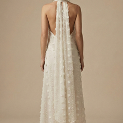 Womens Floral Appliqué Halter Maxi Dress | Elegant Backless Summer Evening Gown 3