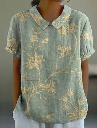 Women's Floral Cotton-Polyester Blend Blouse | Elegant Short Sleeve Summer Top 0