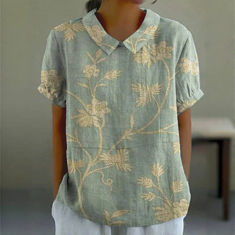 Women's Floral Cotton-Polyester Blend Blouse | Elegant Short Sleeve Summer Top 0