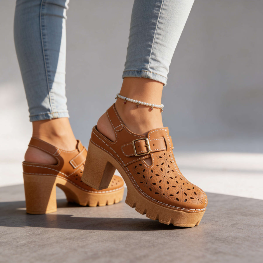 Women's Floral Cutout Platform Clogs | Stylish Chunky Block Heel Shoes 0