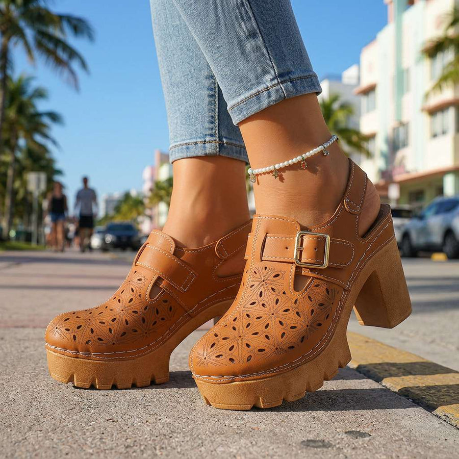 Women's Floral Cutout Platform Clogs | Stylish Chunky Block Heel Shoes 1