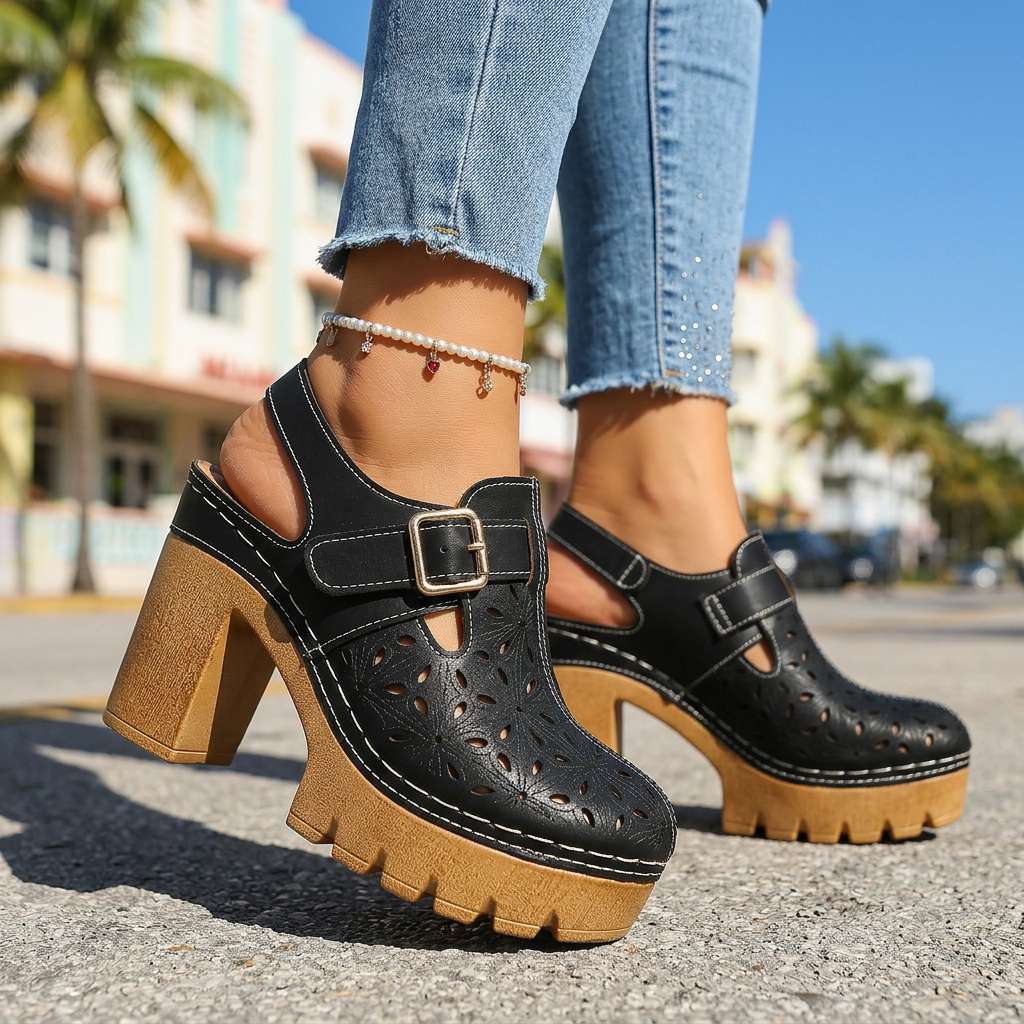 Women's Floral Cutout Platform Clogs | Stylish Chunky Block Heel Shoes 2