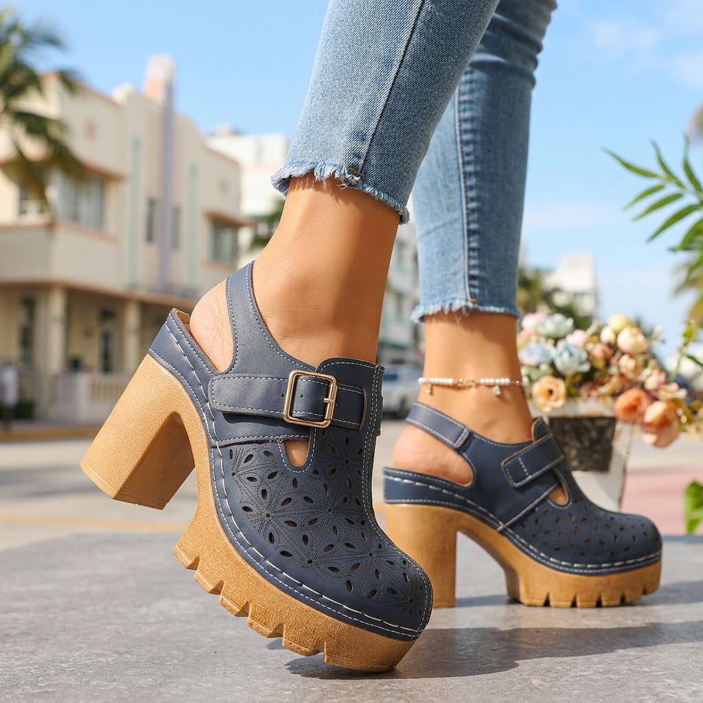 Women's Floral Cutout Platform Clogs | Stylish Chunky Block Heel Shoes 3