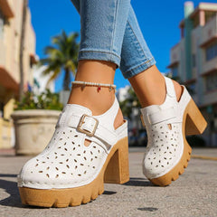 Women's Floral Cutout Platform Clogs | Stylish Chunky Block Heel Shoes 4