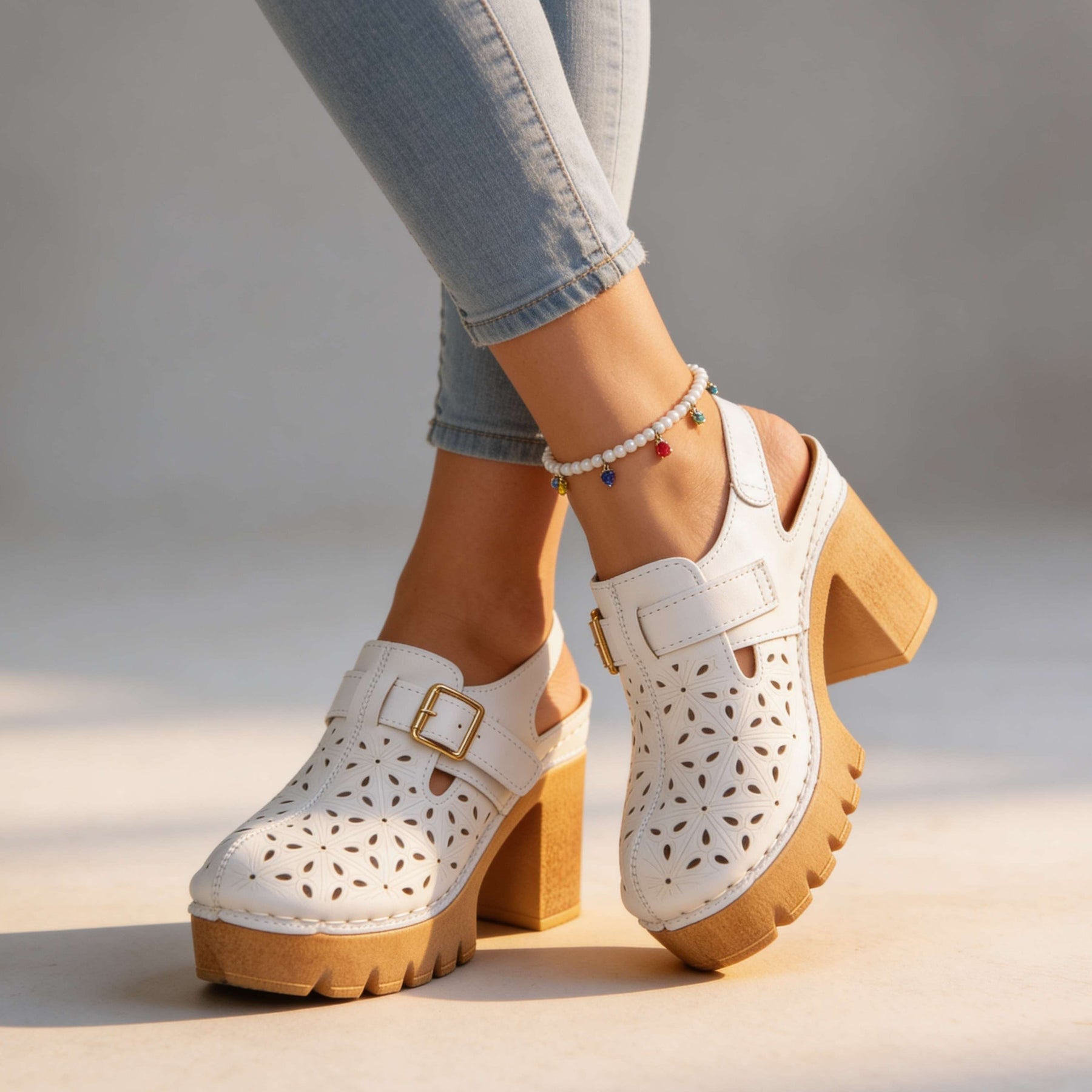 Women's Floral Cutout Platform Clogs | Stylish Chunky Block Heel Shoes 8