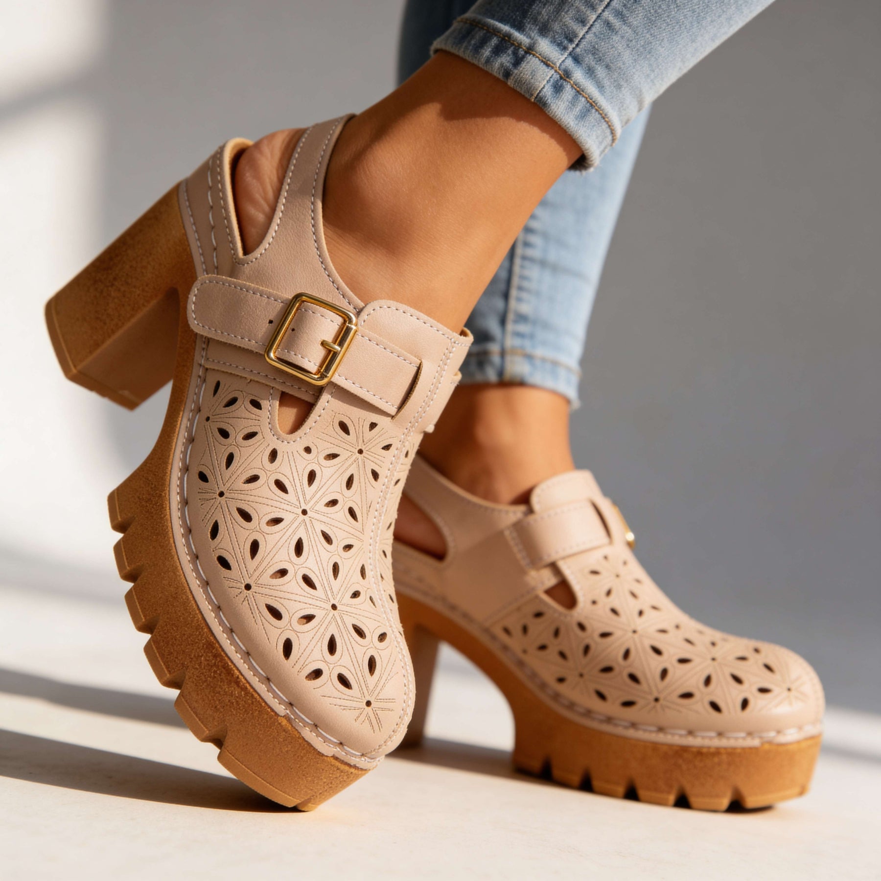 Women's Floral Cutout Platform Clogs | Stylish Chunky Block Heel Shoes 9