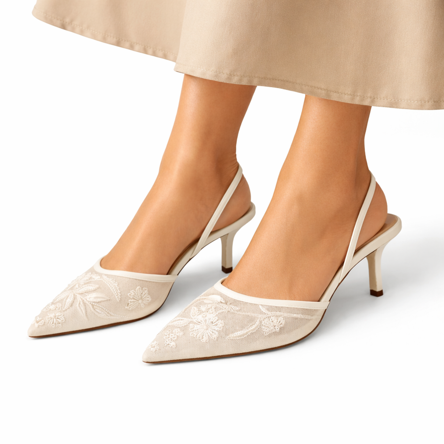 Women's Floral Embroidered Mesh Mule Heels | Elegant Pointed Toe Slip-Ons 0