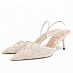 Women's Floral Embroidered Mesh Mule Heels | Elegant Pointed Toe Slip-Ons 1