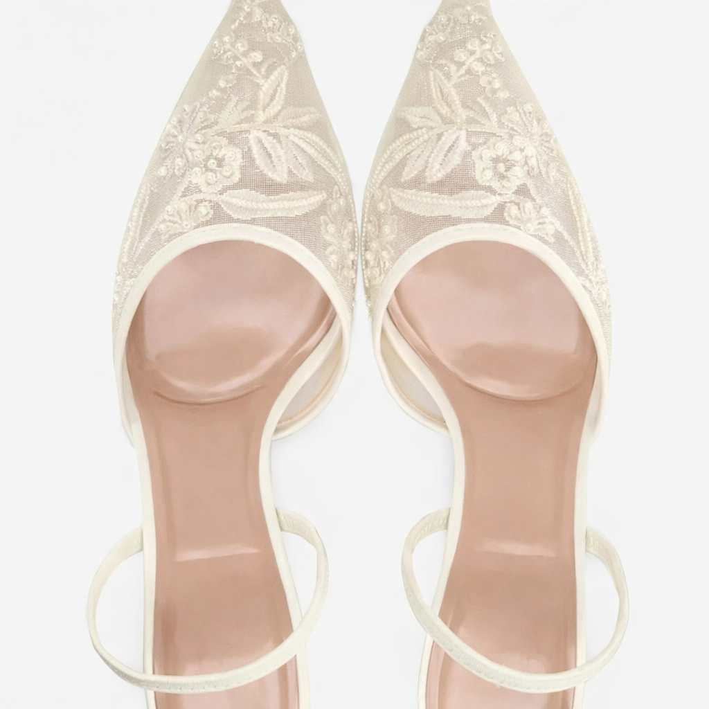Women's Floral Embroidered Mesh Mule Heels | Elegant Pointed Toe Slip-Ons 2