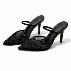 Women's Floral Embroidered Mesh Mule Heels | Elegant Pointed Toe Slip-Ons 4