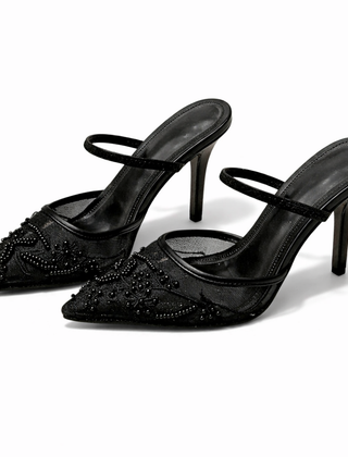 Women's Floral Embroidered Mesh Mule Heels | Elegant Pointed Toe Slip-Ons 4
