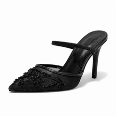 Women's Floral Embroidered Mesh Mule Heels | Elegant Pointed Toe Slip-Ons 5