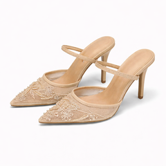 Women's Floral Embroidered Mesh Mule Heels | Elegant Pointed Toe Slip-Ons 6