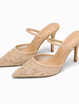 Women's Floral Embroidered Mesh Mule Heels | Elegant Pointed Toe Slip-Ons 6