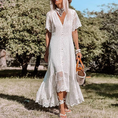 Womens Floral Lace Maxi Dress | Elegant V-Neck Summer Dress with Asymmetric Hem 1