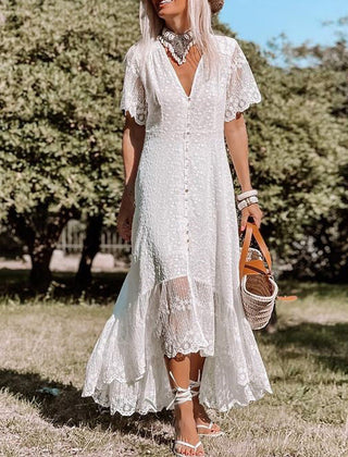 Womens Floral Lace Maxi Dress | Elegant V-Neck Summer Dress with Asymmetric Hem 1