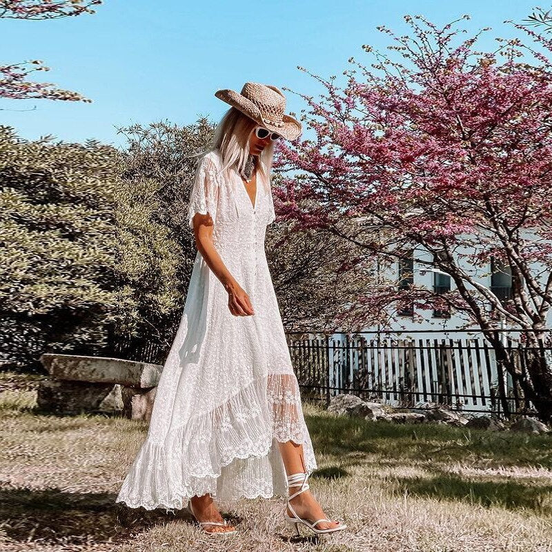 Womens Floral Lace Maxi Dress | Elegant V-Neck Summer Dress with Asymmetric Hem 3