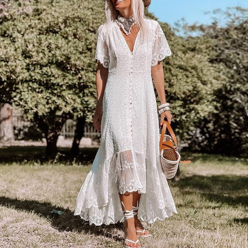 Women's Floral Lace Maxi Dress | Elegant V-Neck Summer Dress with Flutter Sleeves 0