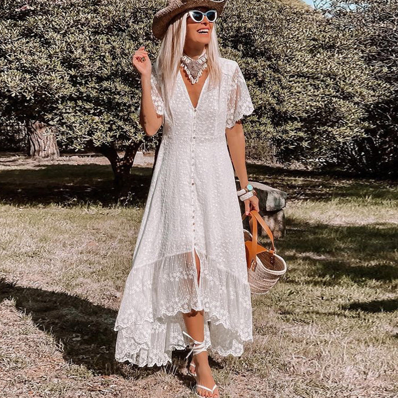 Women's Floral Lace Maxi Dress | Elegant V-Neck Summer Dress with Flutter Sleeves 1