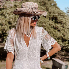 Women's Floral Lace Maxi Dress | Elegant V-Neck Summer Dress with Flutter Sleeves 3