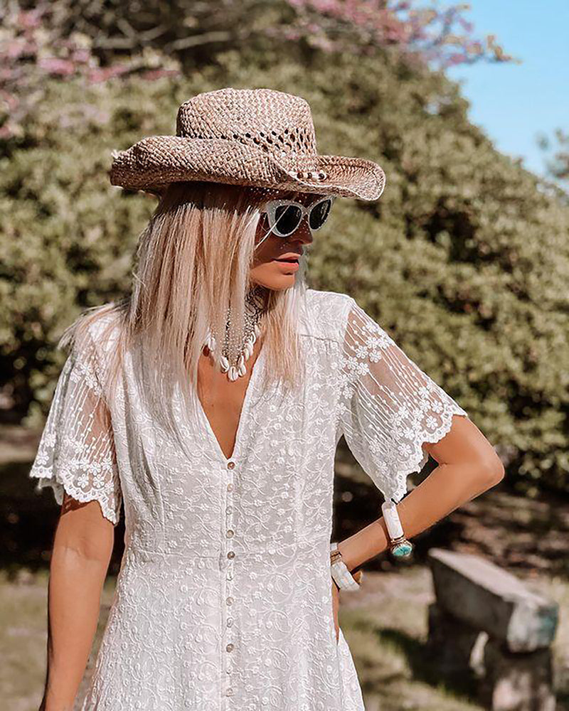 Women's Floral Lace Maxi Dress | Elegant V-Neck Summer Dress with Flutter Sleeves 3