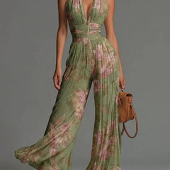 Women's Floral Pleated Jumpsuit | Elegant Halter Neck Wide Leg Outfit 0