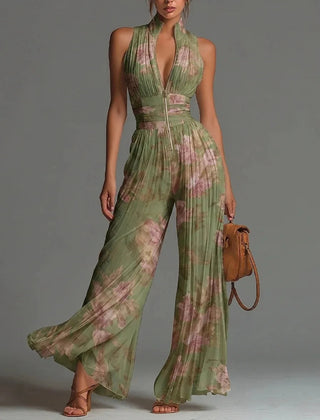Women's Floral Pleated Jumpsuit | Elegant Halter Neck Wide Leg Outfit 0