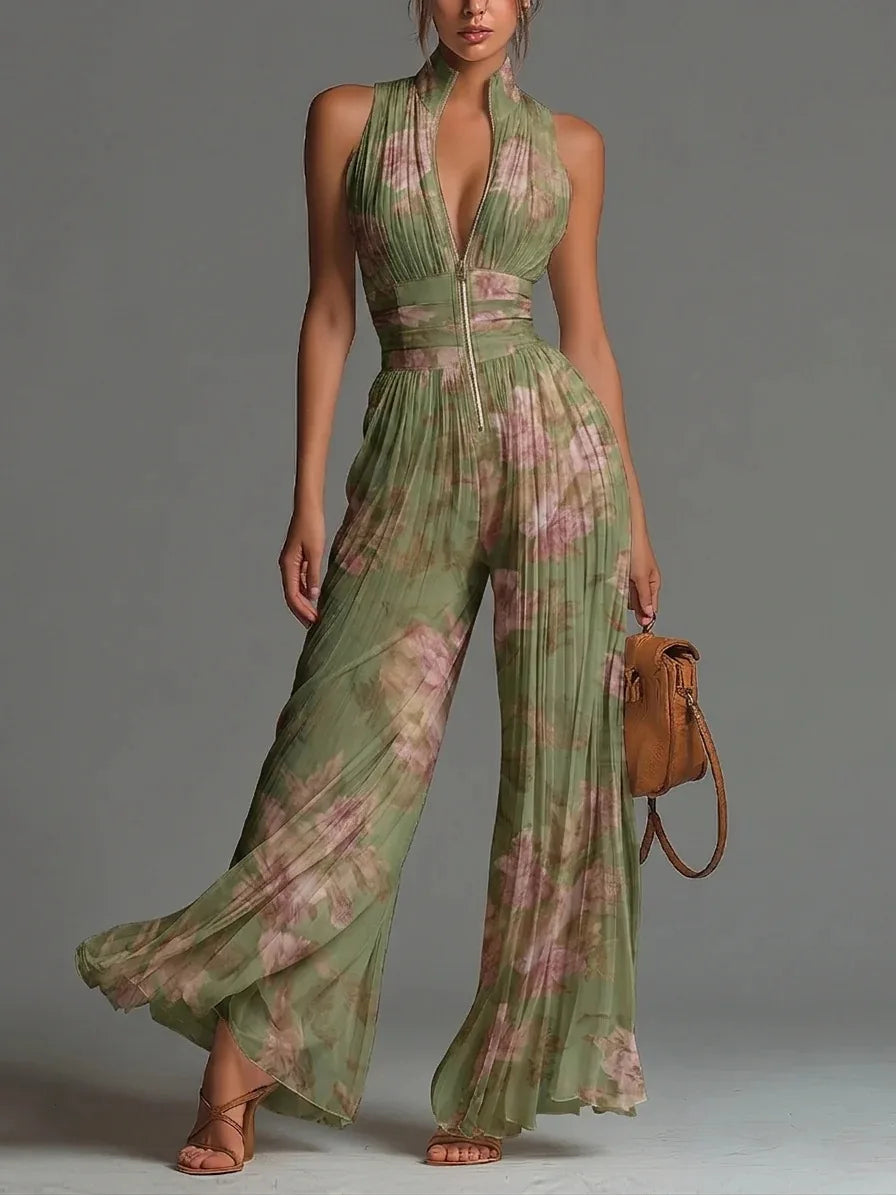 Women's Floral Pleated Jumpsuit | Elegant Halter Neck Wide Leg Outfit 0