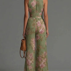 Women's Floral Pleated Jumpsuit | Elegant Halter Neck Wide Leg Outfit 1