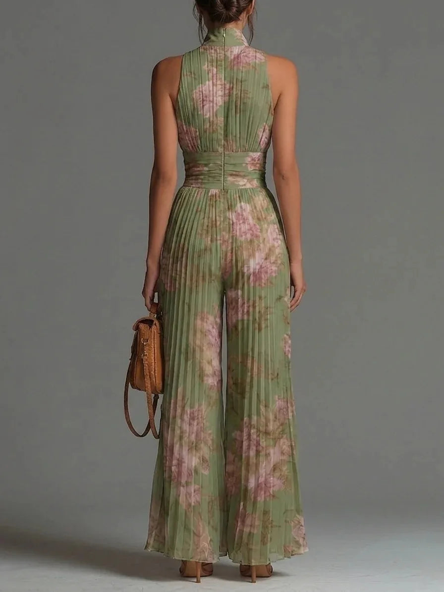 Women's Floral Pleated Jumpsuit | Elegant Halter Neck Wide Leg Outfit 1