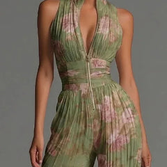 Women's Floral Pleated Jumpsuit | Elegant Halter Neck Wide Leg Outfit 2