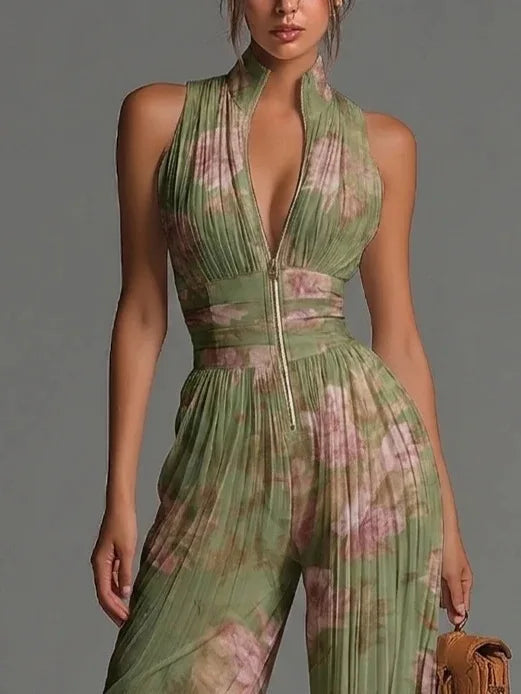 Women's Floral Pleated Jumpsuit | Elegant Halter Neck Wide Leg Outfit 2