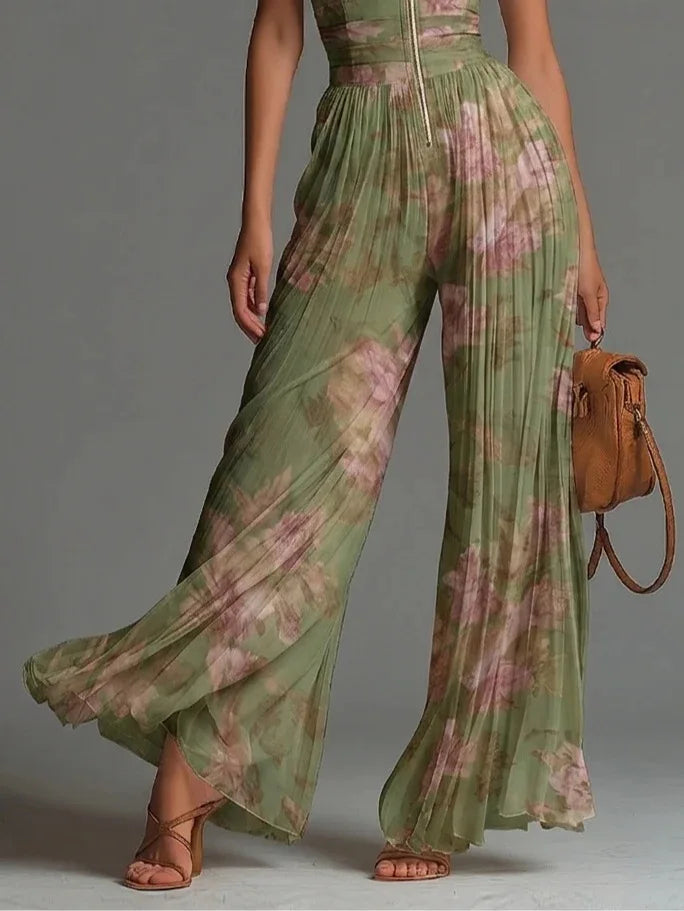 Women's Floral Pleated Jumpsuit | Elegant Halter Neck Wide Leg Outfit 3