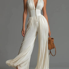 Women's Floral Pleated Jumpsuit | Elegant Halter Neck Wide Leg Outfit 4