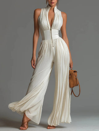 Women's Floral Pleated Jumpsuit | Elegant Halter Neck Wide Leg Outfit 4