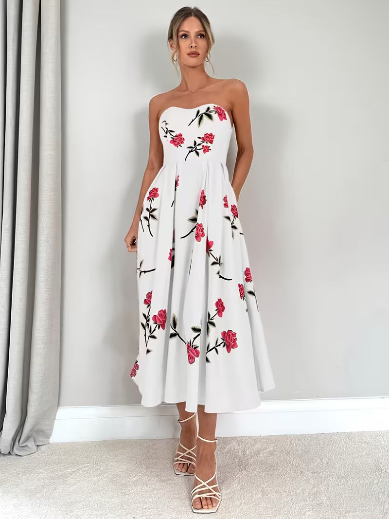Women's Floral Print A-Line Dress | Elegant Off-Shoulder Summer Style 0