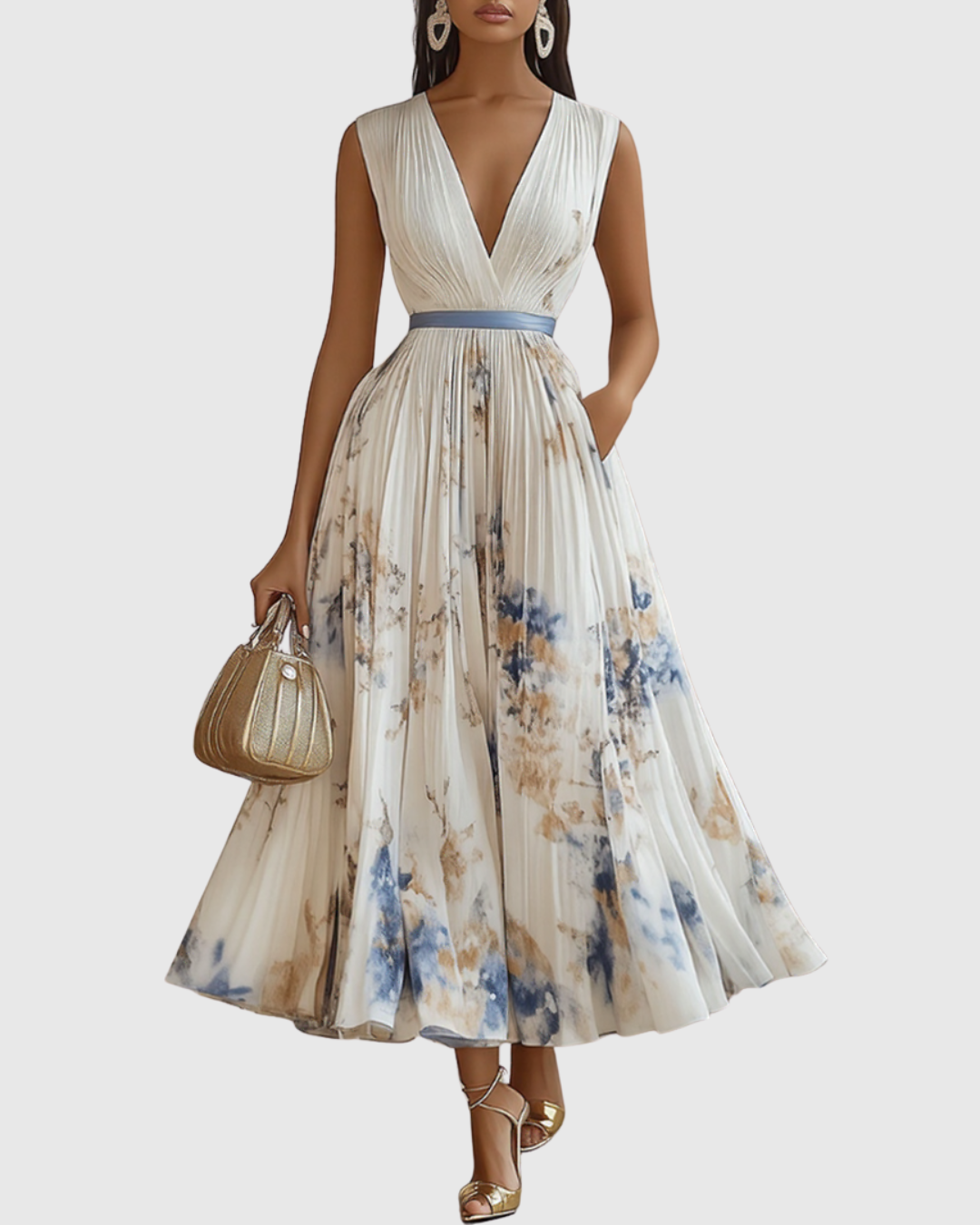 Women's Floral Print A-Line Midi Dress | Elegant Sleeveless Summer Dress 0