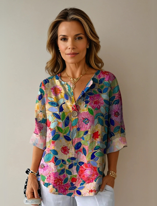 Women's Floral Print Blouse | Elegant 3/4 Sleeve Button-Down Top 0