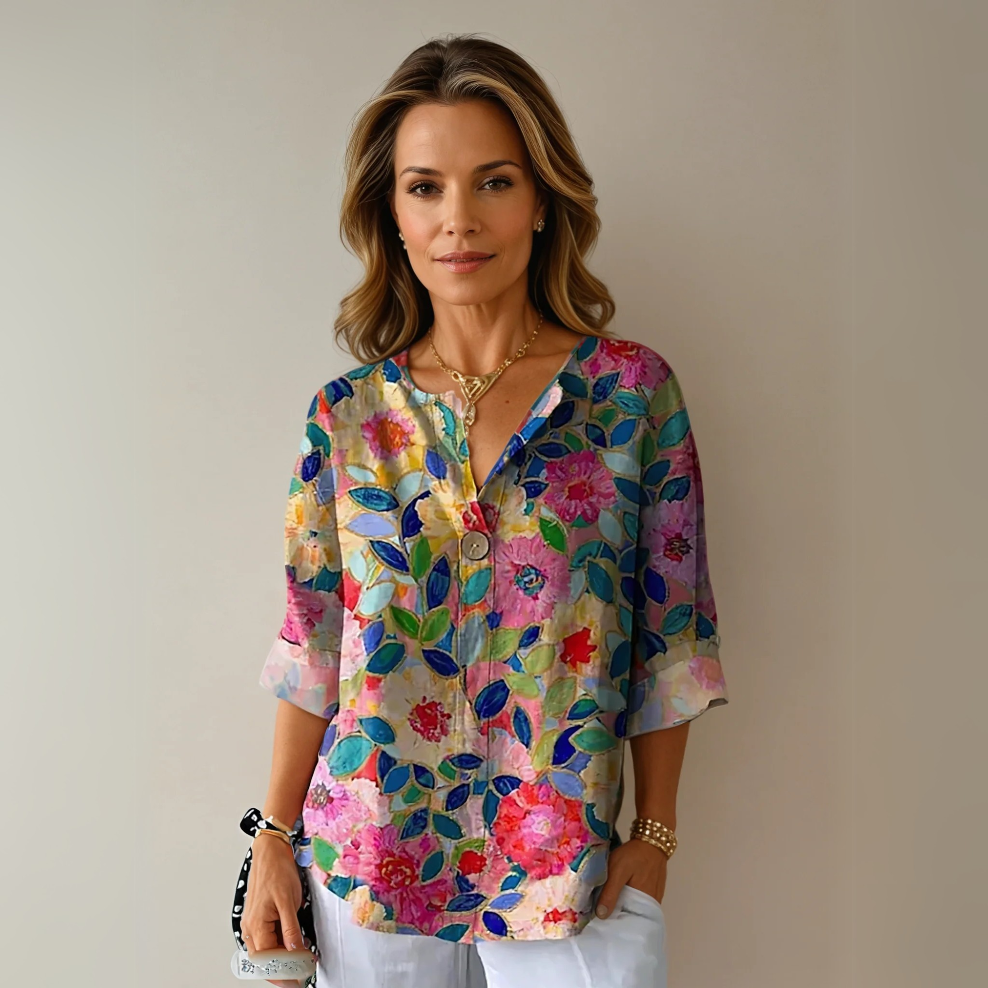 Women's Floral Print Blouse | Elegant 3/4 Sleeve Button-Down Top 0