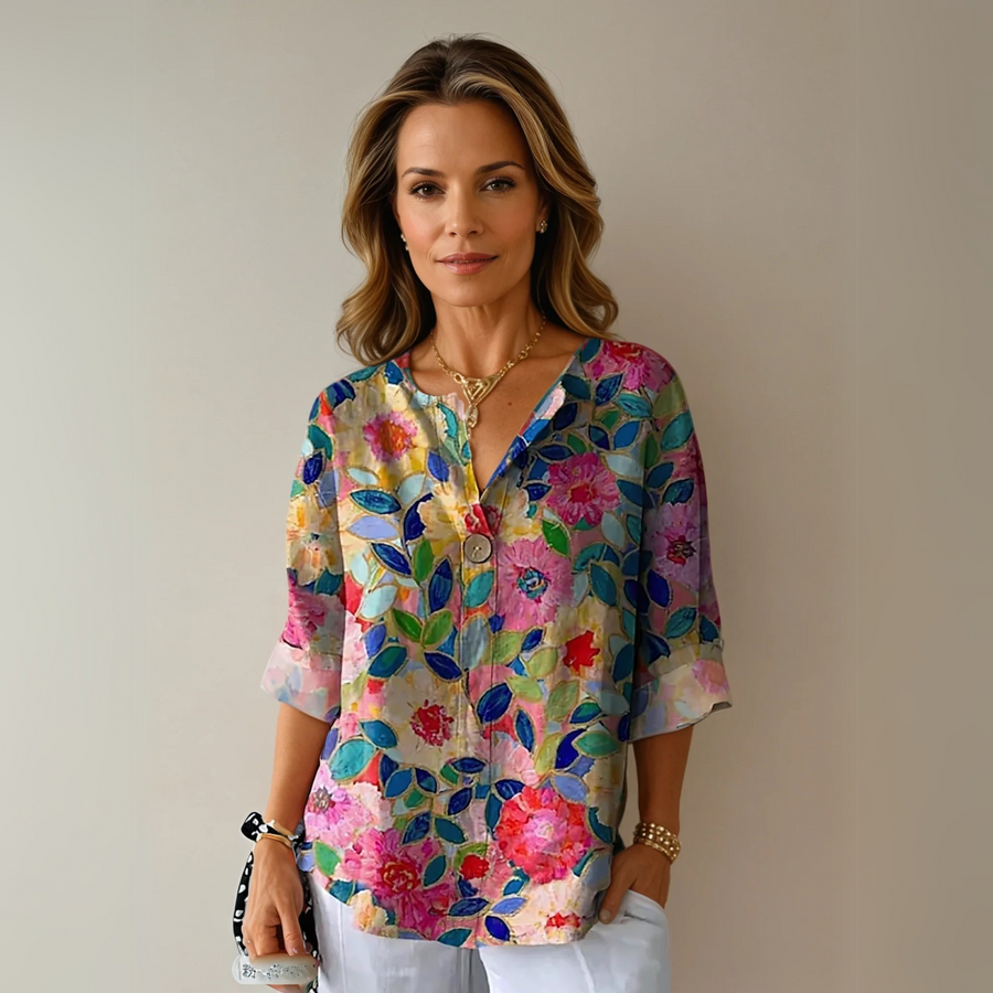 Women's Floral Print Blouse | Elegant 3/4 Sleeve Button-Down Top 0