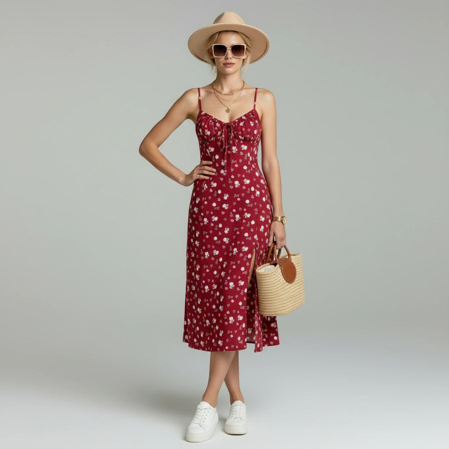 Women's Floral Print Midi Dress | Elegant Slim Spaghetti Strap Summer Dress 0